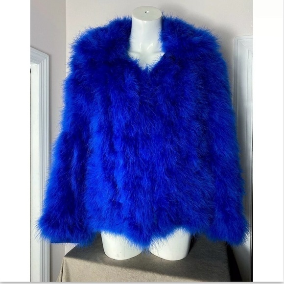 Topshop Premium Royal Blue Marabou Short Real Feather Jacket Size Medium US 8 10 - Picture 1 of 7